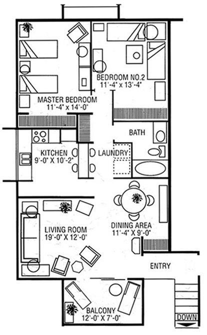 2 Bedrooms 1 Bath Floor Plan 2